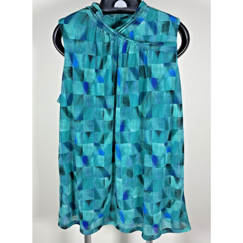 Worthington Teal Green Blue Geo Print Sleeveless Criss Cross Neck Lined Top XL